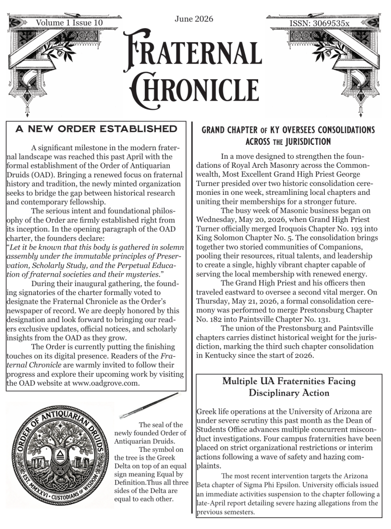 June 2026 Issue. Order of Antiquarian Druids established. Royal Arch Chapter consolidations. College Fraternity News.