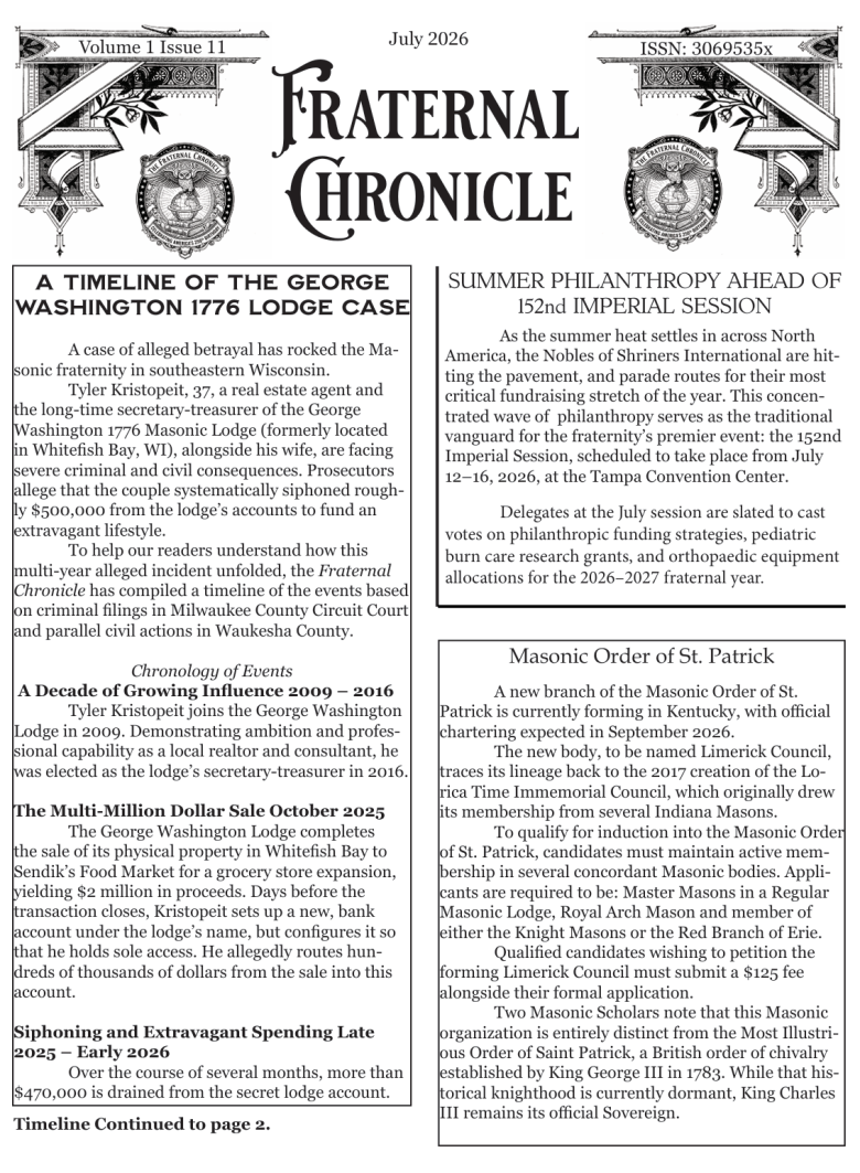 July 2026 Issue of The Fraternal Chronicle, Volume 1 Issue 11. Kristopeit case. 152 Shriners session. Masonic Order of St. Patrick. Triennial Sessions in DC. Gordian Knot.